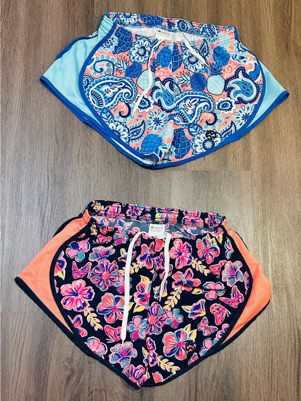 2 Pack Womens Athletic Running Shorts Medium Floral Tropical Drawstring Dolphin